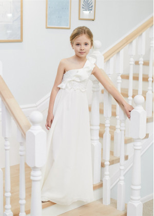 One Shoulder Ivory Lace Chiffon Corset Back Flower Girl Dress
